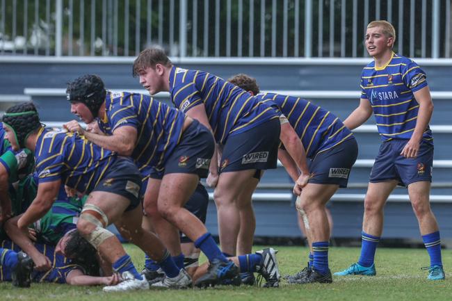 Easts players left to right: Jakeb Horne, Dante Febo, Byron Murphy, Joey Gray and Larry Clark aim up in defence against GPS in round 9 of Colts 1 club rugby.