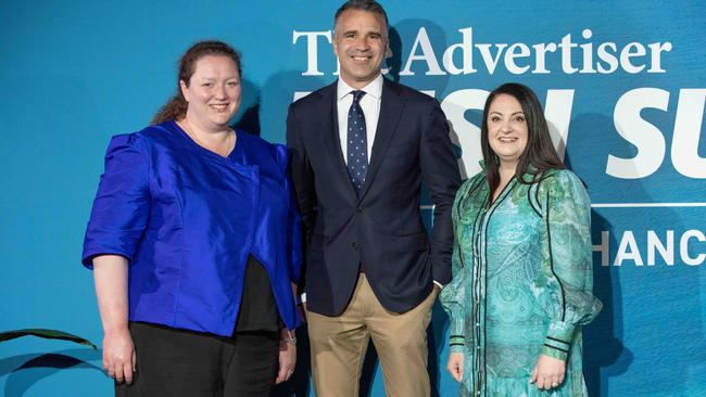 The Advertiser editor Gemma Jones, Premier Peter Malinauskas News Corp SA managing director Melissa Librandi at the Bush Summit in Port Lincoln. Picture: Ben Clark