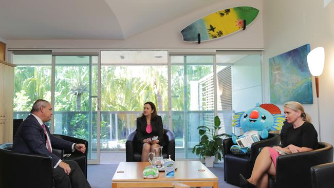 Premier Premier Annastacia Palaszczuk and Tourism Minister Kate Jones meet with Mayor Tom Tate on the Gold Coast. Picture: Jack Tran.