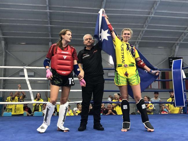 Australian representative Georgia Ralphs is declared the winner of one of her fights at the ISKA Muay Thai Championships in Turkey.