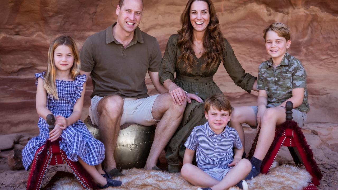 Princess Charlotte, Prince William, Duke of Cambridge, Catherine, Duchess of Cambridge, Prince Louis and Prince George in their 2021 Christmas card photo. Picture: The Duke and Duchess of Cambridge/Handout/Getty Images