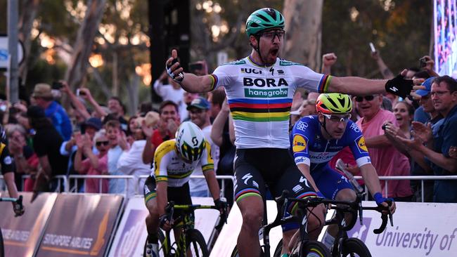 Peter Sagan celebrates his win of the People's Choice Classic at the Tour Down Under cycling event in Adelaide, South Australia, on Sunday, January 14, 2018. (AAP Image/David Mariuz) NO ARCHIVING, EDITORIAL USE ONLY