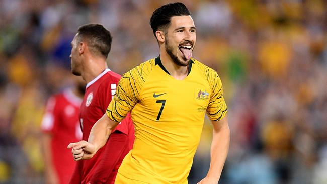 Mathew Leckie celebrates scoring for the Socceroos against Lebanon in November. Picture: AAP 