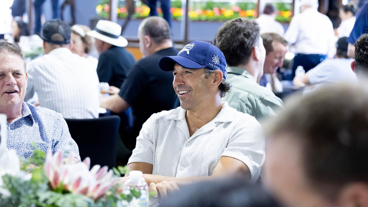 Billy Slater at his table at the Magic Millions sales. Picture by Luke Marsden.