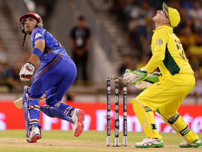 Nabi in action for Afghanistan against Australia in the 2015 World Cup.