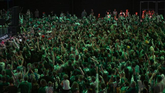 HOBART, AUSTRALIA - APRIL 01: Fans are seen during the Tasmania JackJumpers NBL Grand Final celebrations at MyState Bank Arena on April 01, 2024 in Hobart, Australia. (Photo by Steve Bell/Getty Images)