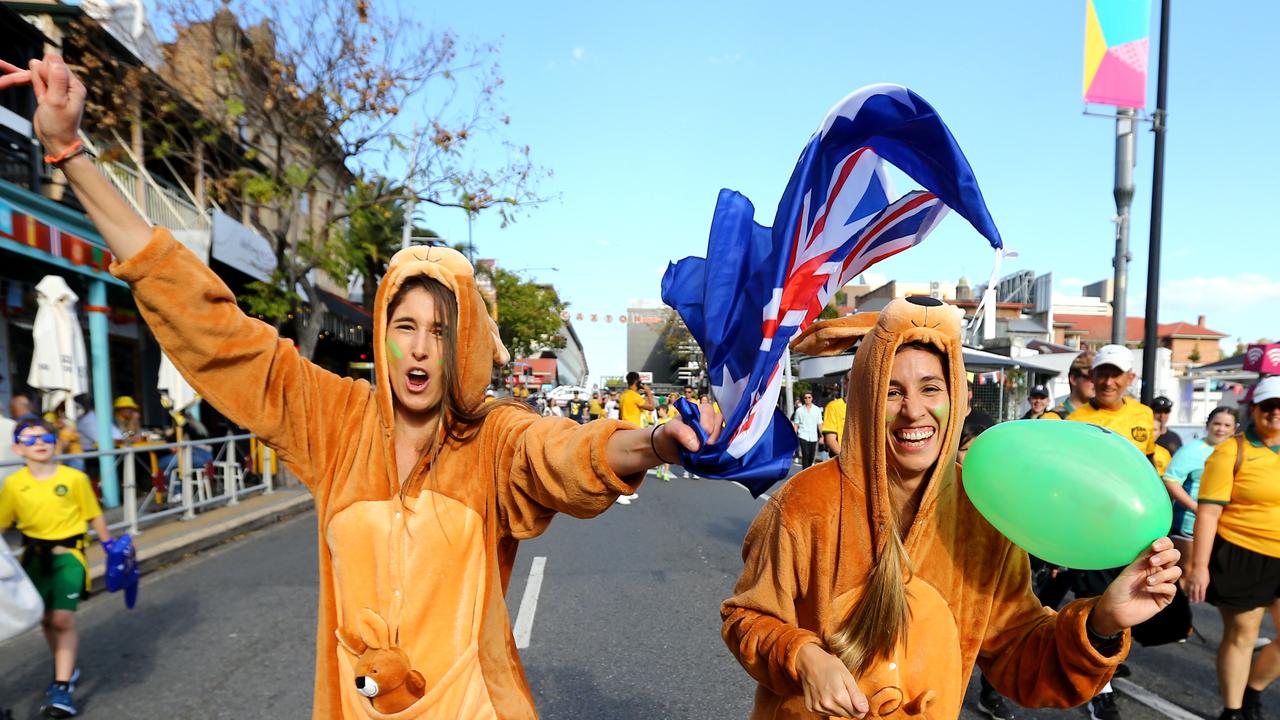 Beck Hirsch and Stephanie Toledo dressed as kangaroos for the Matildas match. Picture: David Clark