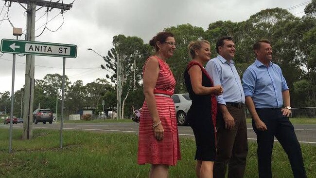 This is not the first time politicians have promised road upgrades. Redland councillors Julie Talty and Karen Williams with state MPs Matt McEachan and Scott Emerson at the Anita St intersection where they were promising traffic lights in January 2015.