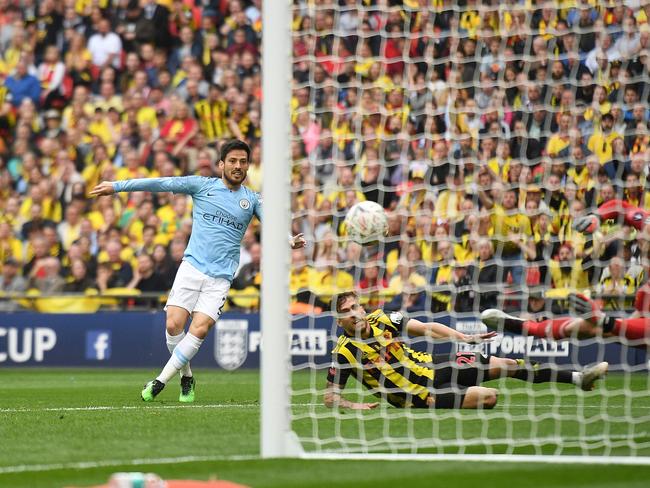 David Silva scores his team's first goal during the FA Cup final against Watford.