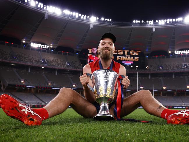 Melbourne skipper Max Gawn with the premiership Cup in the middle of Optus Stadium. Picture: Michael Klein