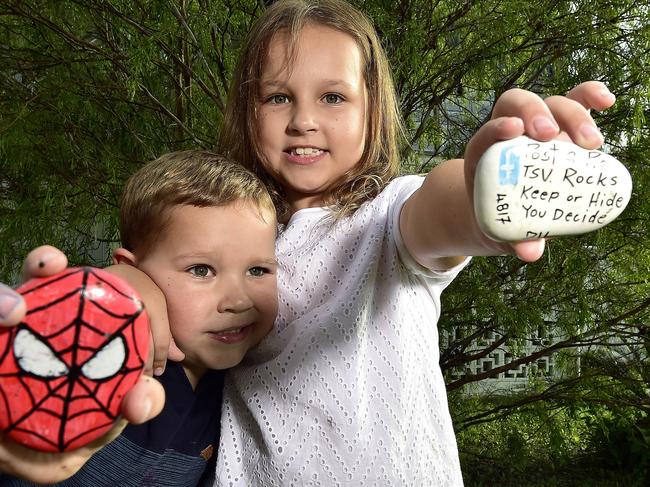 Townsville Rocks Facebook page creator Retika Gill is overwhelmed with the response she has received after starting the page in June last year, and even her kids Lincoln, 4 and Kailey Little, 8 are getting involved. PICTURE: MATT TAYLOR.