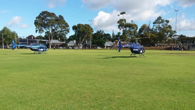 Helicopters land on Walkerville Oval in between football games for a bridal party. Source: Facebook.