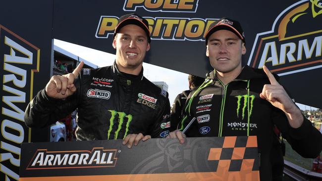 Cameron Waters and Richie Stanaway celebrate taking pole position for the Sandown 500. Pic: Mark Horsburgh.