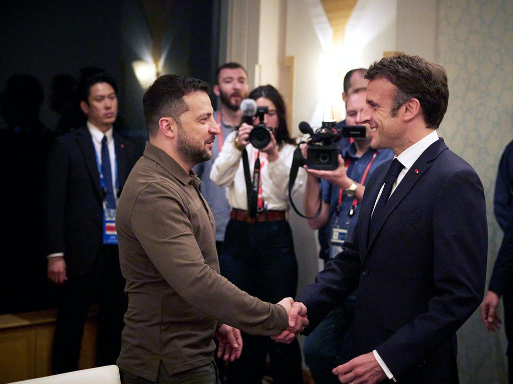 Volodymyr Zelensky with Emmanuel Macron. Picture: Ukrainian Presidential Press Service/AFP