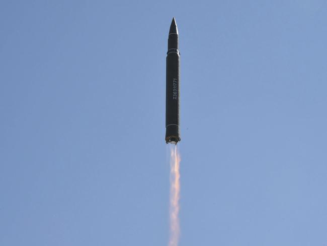 This photo distributed by the North Korean government shows what was said to be the launch of a Hwasong-14 intercontinental ballistic missile in North Korea’s northwest yesterday. Picture: KNCA/AP