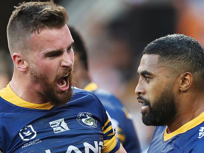 Parramatta's Clint Gutherson celebrates after Parramatta's Michael Jennings scores his second try during the Parramatta v Wests Tigers NRL match at the new Bankwest Stadium, Parramatta. Picture: Brett Costello