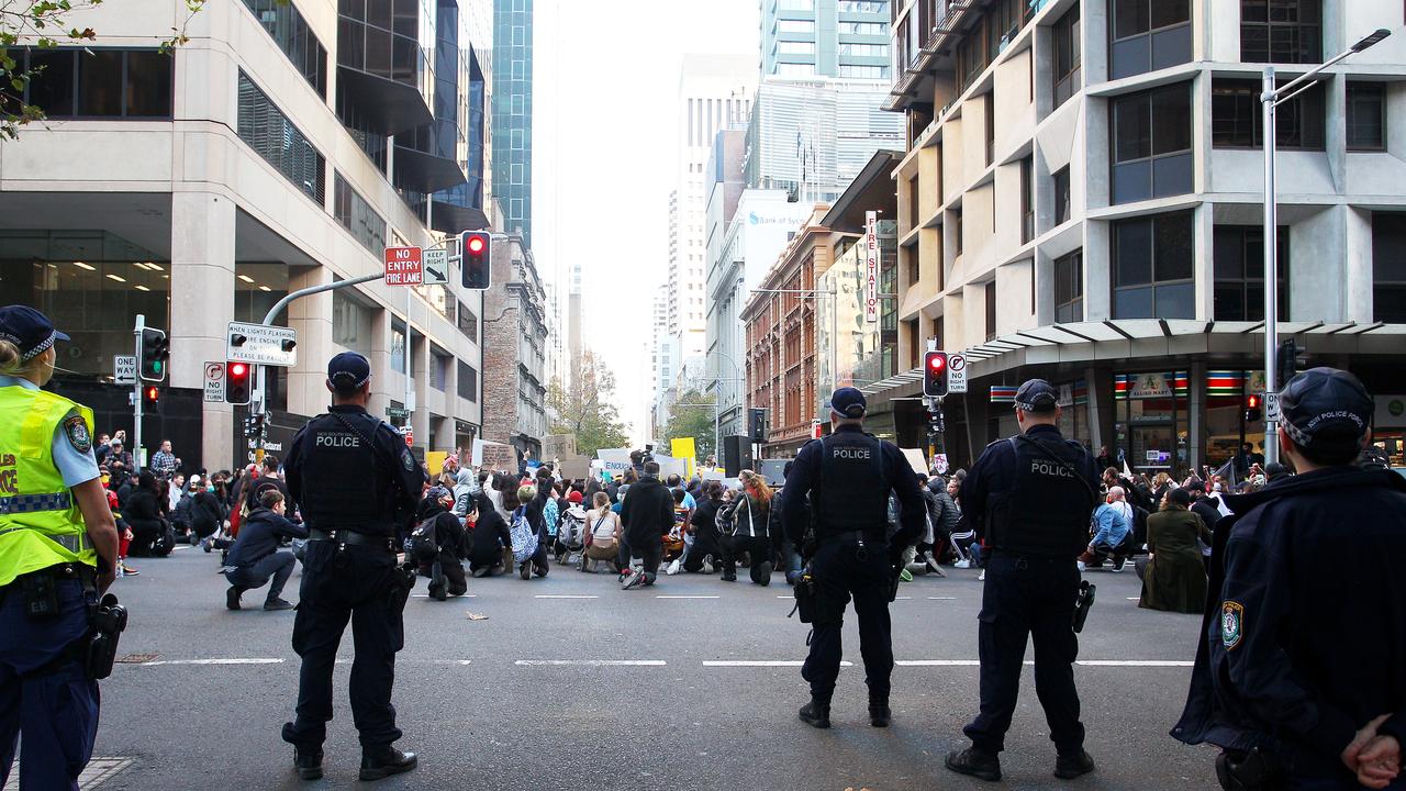 NSW Police stand guard at a Black Lives Matter protest march on June 6 in Sydney. Picture: Lisa Maree Williams/Getty Images