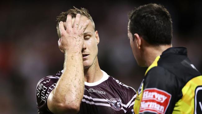 WOLLONGONG, AUSTRALIA - APRIL 20: Daly Cherry-Evans of the Sea Eagles reacts as he speaks to the referee during the round 6 NRL match between the Dragons and the Sea Eagles at WIN Stadium on April 20, 2019 in Wollongong, Australia. (Photo by Mark Kolbe/Getty Images)