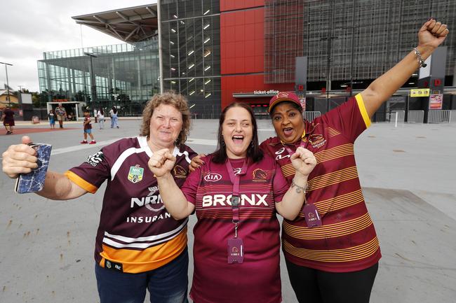 Kerry Haugstetter, Kayla Strugnell and Bijma Sharpe pictured at the Broncos v Rabbitohs, round 1, on Caxton Street, Brisbane 11th of March 2022. This is the first game for the BroncosÃ• season.