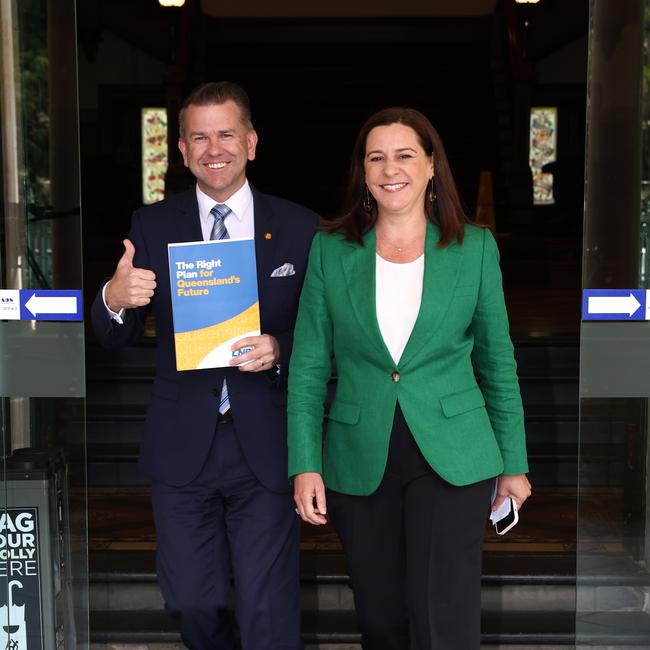 Deputy leader of the LNP Jarrod Bleijie and Opposition Minister for the Energy Deb Frecklington. Picture: David Clark