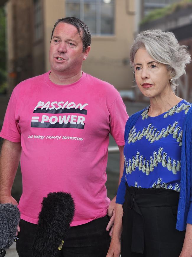 Health and Community Services Union State Secretary Robboe Moore and Greens leader Rosalie Woodruff speak to the media at parliament Square in Hobart on Wednesday, January 17, 2024.