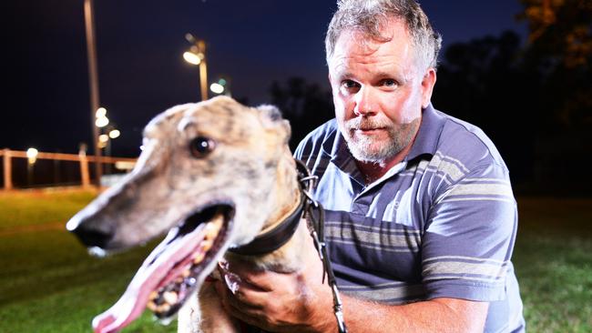 Greyhound trainer Anthony Bullock with greyhound Arnhem Villain