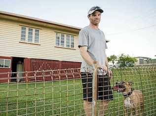 Tyson Lowe and his dog Campbell have lived in Rob Lovell’s Barney Point home for more than two years. His lease ran out in November and he thought it was odd when he didn’t hear from the real estate agent. He thought it was because he was a good tenant; when in fact the agent had gone bankrupt and the home owner hadn’t been contacted. Picture: Paul Braven GLACENTURY