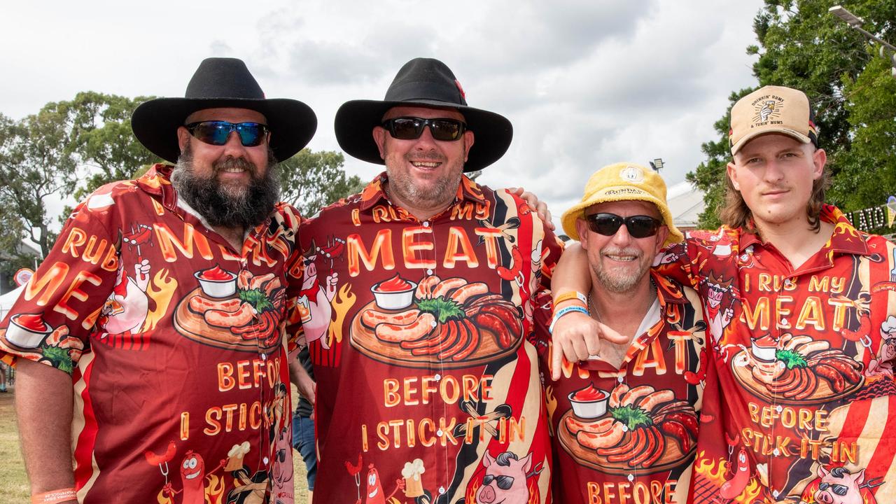 Dressed in their best, from left; Craig Blank, Jason Peace, Dean Hoey and Ethan Peace.Meatstock - Music, Barbecue and Camping Festival at Toowoomba Showgrounds.Friday March 8, 2024 Picture: Bev Lacey