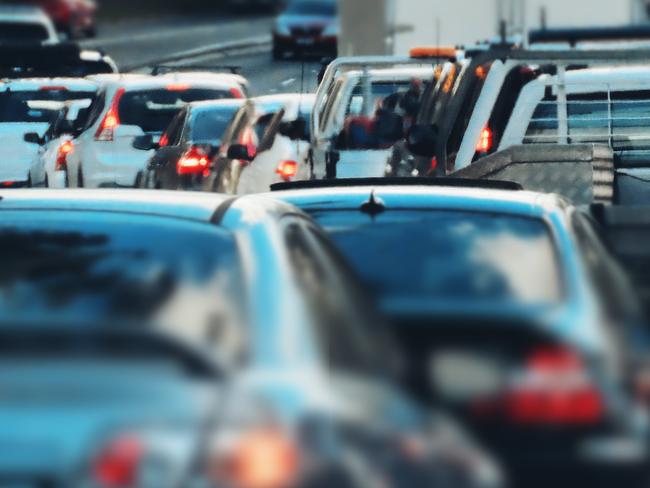 Vehicle view of cars on the highway in a traffic jam