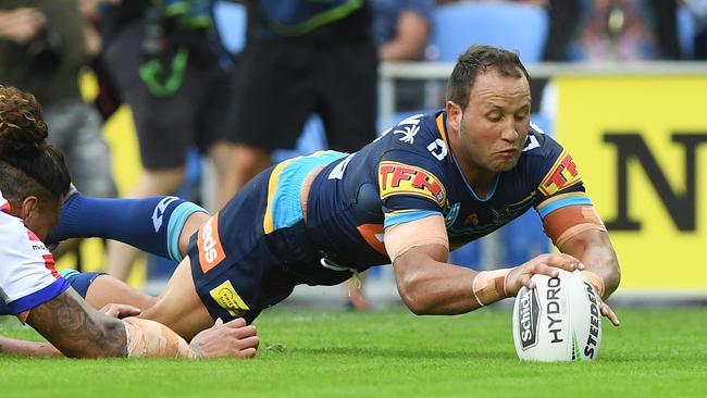 Tyrone Roberts leaps over for the try. Picture: AAP Image/Dave Hunt