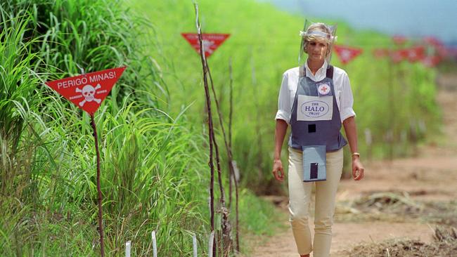 The late princess of Wales, Diana, visits a minefield being cleared by the charity Halo in Huambo, Angola. Picture: Getty Images