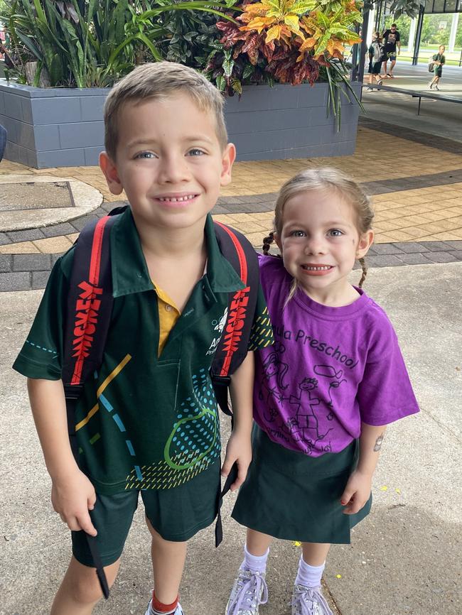 Siblings Riva and Sage Muscat were excited for their first days of grade one and preschool, respectively. Picture: Jade Tiedeman (Mum)