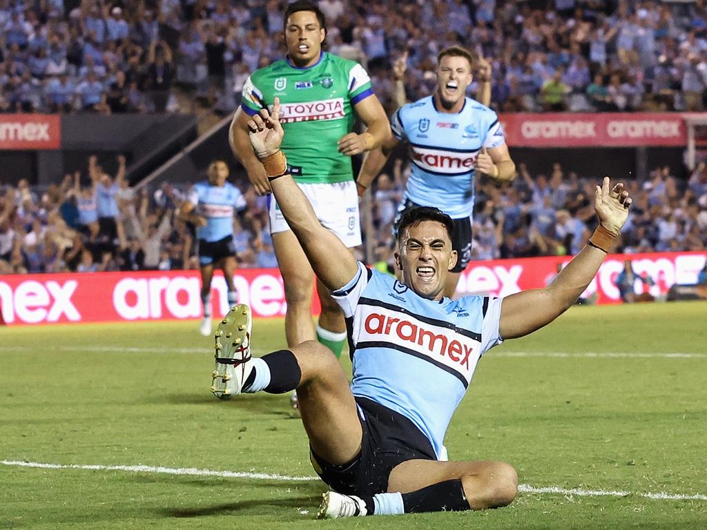 Kayal Iro of the Sharks celebrates scoring a try. Picture: Cameron Spencer/Getty Images