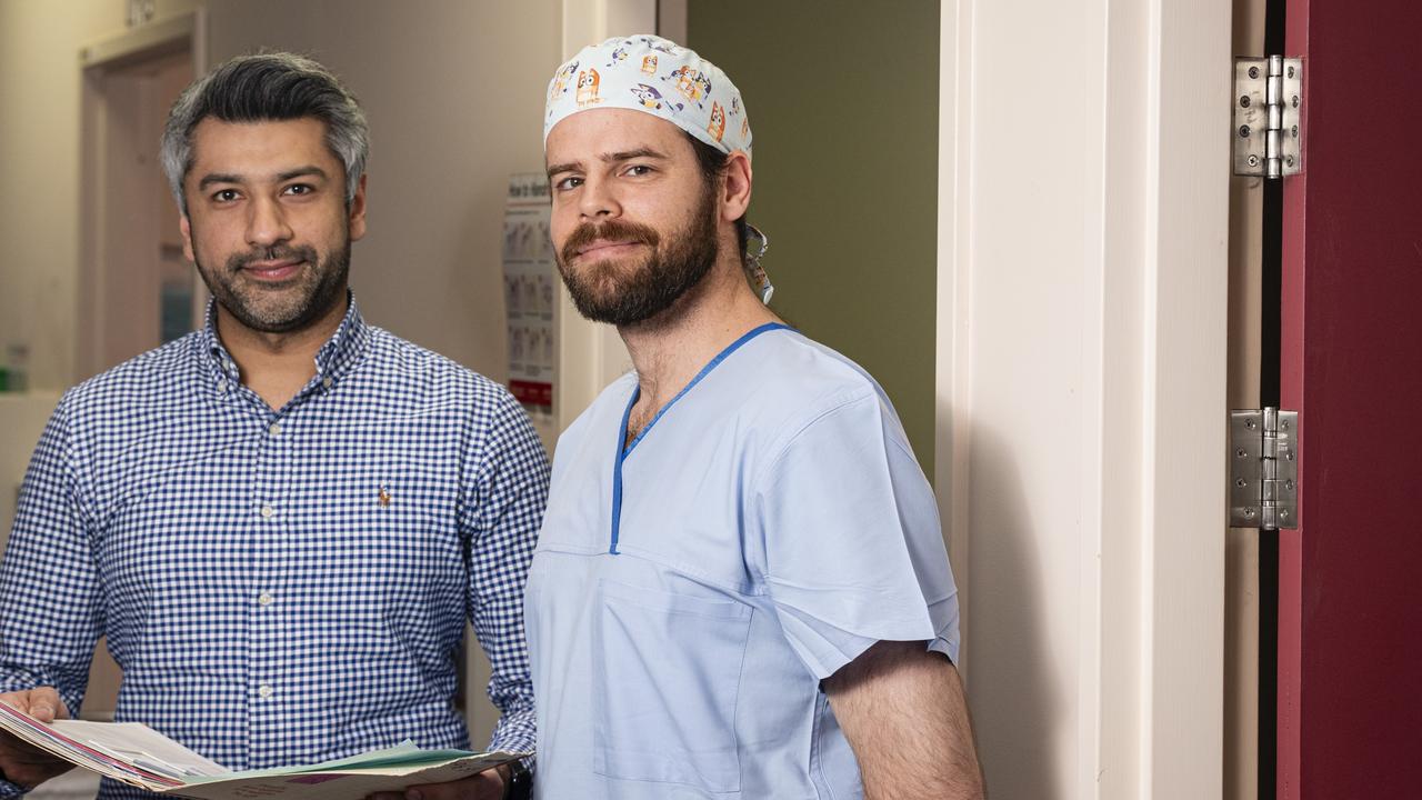 Darling Downs Health Department of Orthopaedics senior house officer Taimur Mahmood (left) and Associate Professor Chris Wall who is leading research into joint replacement and links to obesity, Friday, August 9, 2024. Picture: Kevin Farmer