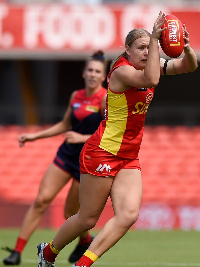 Annise Bradfield of the Suns competes for the ball during the round one AFLW match between the Gold Coast Suns and the Melbourne Demons. Photo: Matt Roberts/Getty Images