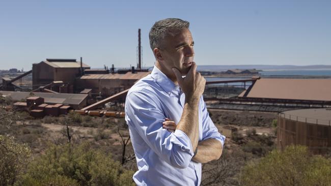 Premier Peter Malinauskas stands on Hummock Hill Lookout in Whyalla, overlooking Whyalla Steelworks, on February 17. Picture: Brett Hartwig