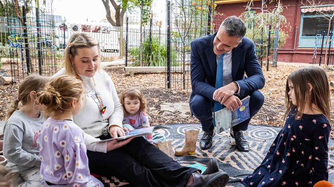 Premier Peter Malinauskas visited Gowrie Preschool, in Thebarton, to announce funding to deliver universal three-year-old preschool. Picture: Tom Huntley