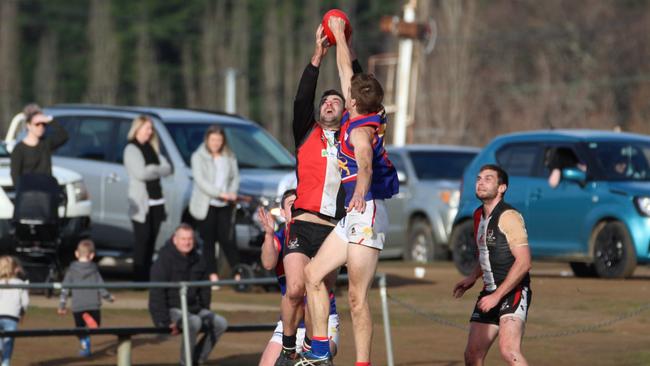 SFL: New Norfolk v Huonville. New Norfolk's Marcus Parker contests the ball. Picture: DAVID HARDING