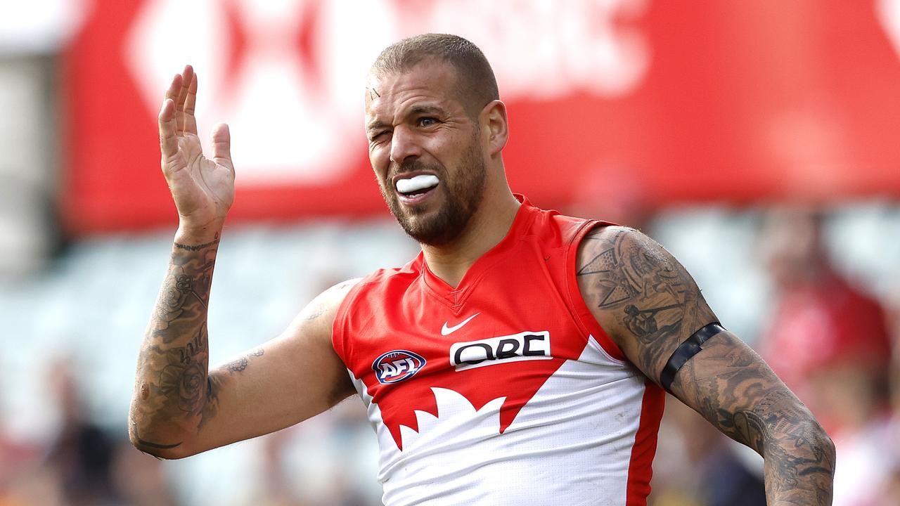 Sydney's Lance Franklin gets a poke in the eye during the Round 19 AFL match between the Sydney Swans and Adelaide Crows at the SCG on July 23, 2022 . Photo by Phil Hillyard (Image Supplied for Editorial Use only - **NO ON SALES** - Â©Phil Hillyard )