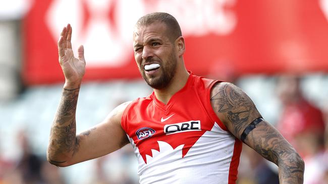 Sydney's Lance Franklin gets a poke in the eye during the Round 19 AFL match between the Sydney Swans and Adelaide Crows at the SCG on July 23, 2022 . Photo by Phil Hillyard (Image Supplied for Editorial Use only - **NO ON SALES** - Â©Phil Hillyard )