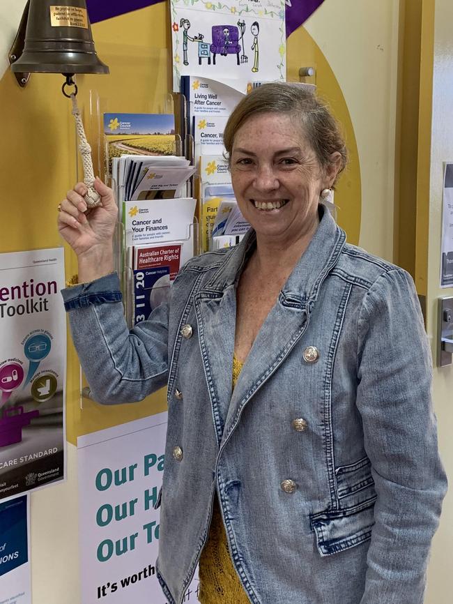 Jo rings the bell marking the end of her chemotherapy treatment. Picture: contributed.