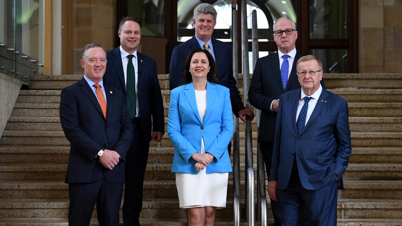 President of Paralympics Australia Jock O’Calloghan, Queensland Premier Annastacia Palaszczuk, AOC President John Coates and (top L to R) Brisbane Lord Mayor Adrian Schrinner, Minister for Tourism Industry Development Stirling Hinchliffe and Council of Mayors director Mark Jamieson after the Future Host Summer Commission named Brisbane as the "preferred candidate city" to host the 2032 Summer Olympic Games. Picture: NCA NewsWire / Dan Peled