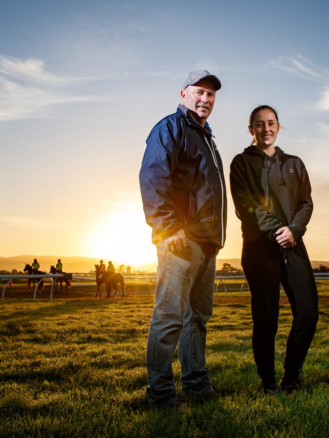 Horse trainers Richard Jolly and daughter Chantelle at Morphettville. Picture: Matt Turner