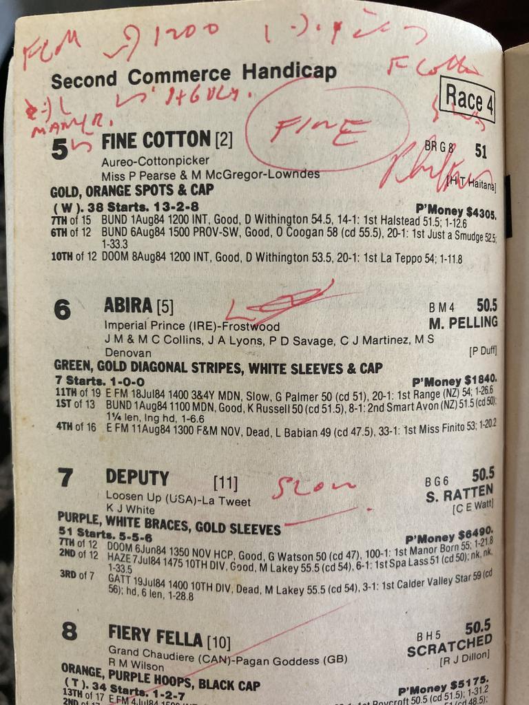 The official 1984 racebook, with the page featuring Fine Cotton, from the infamous Fine Cotton ring-in day. Lester Grimmett's notes and shorthand are on the page.