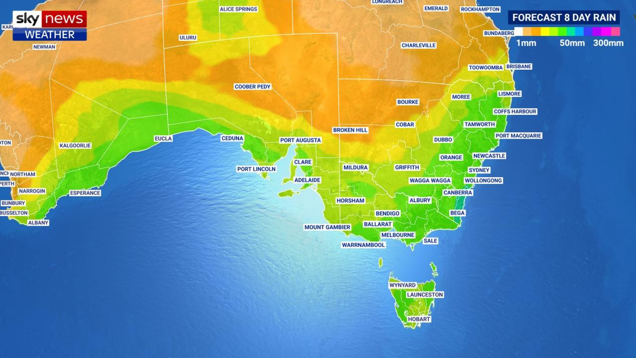 Widespread falls of up to 50mm, maybe more in some areas, are possible. Picture: Sky News Weather.