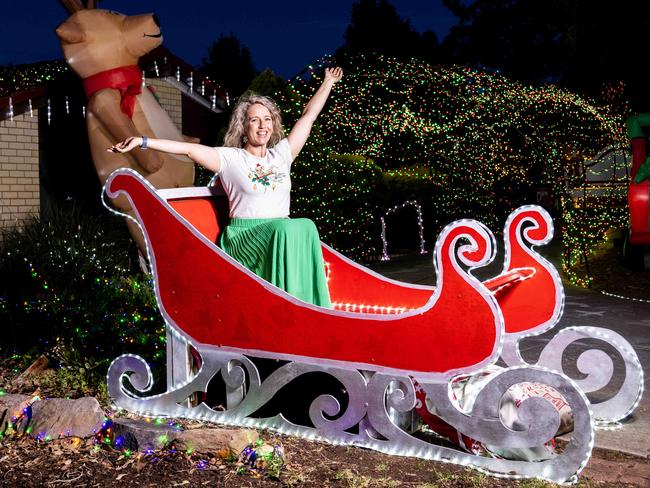 5,December, 2023: Janelle Neave with her xmas lights display at her Surry Downs home and raising money for a local primary school. Picture: Kelly Barnes