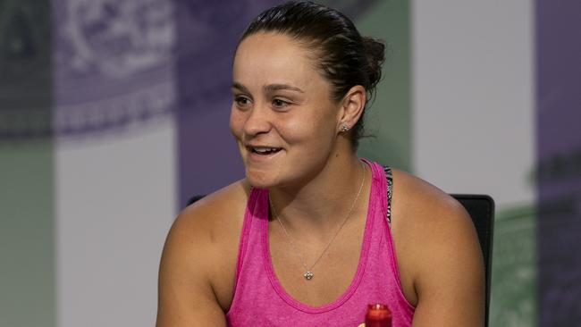 Australia's Ashleigh Barty talks to the media after suffering a defeat to Alison Riske. Picture: AP