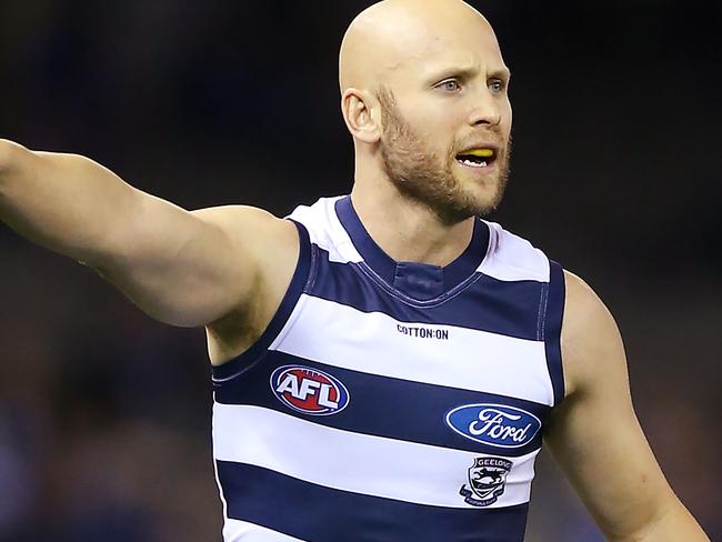 MELBOURNE, AUSTRALIA - MAY 12: Gary Ablett of the Cats directs teammates during the round eight AFL match between the North Melbourne Kangaroos and the Geelong Cats at Marvel Stadium on May 12, 2019 in Melbourne, Australia. (Photo by Michael Dodge/Getty Images)
