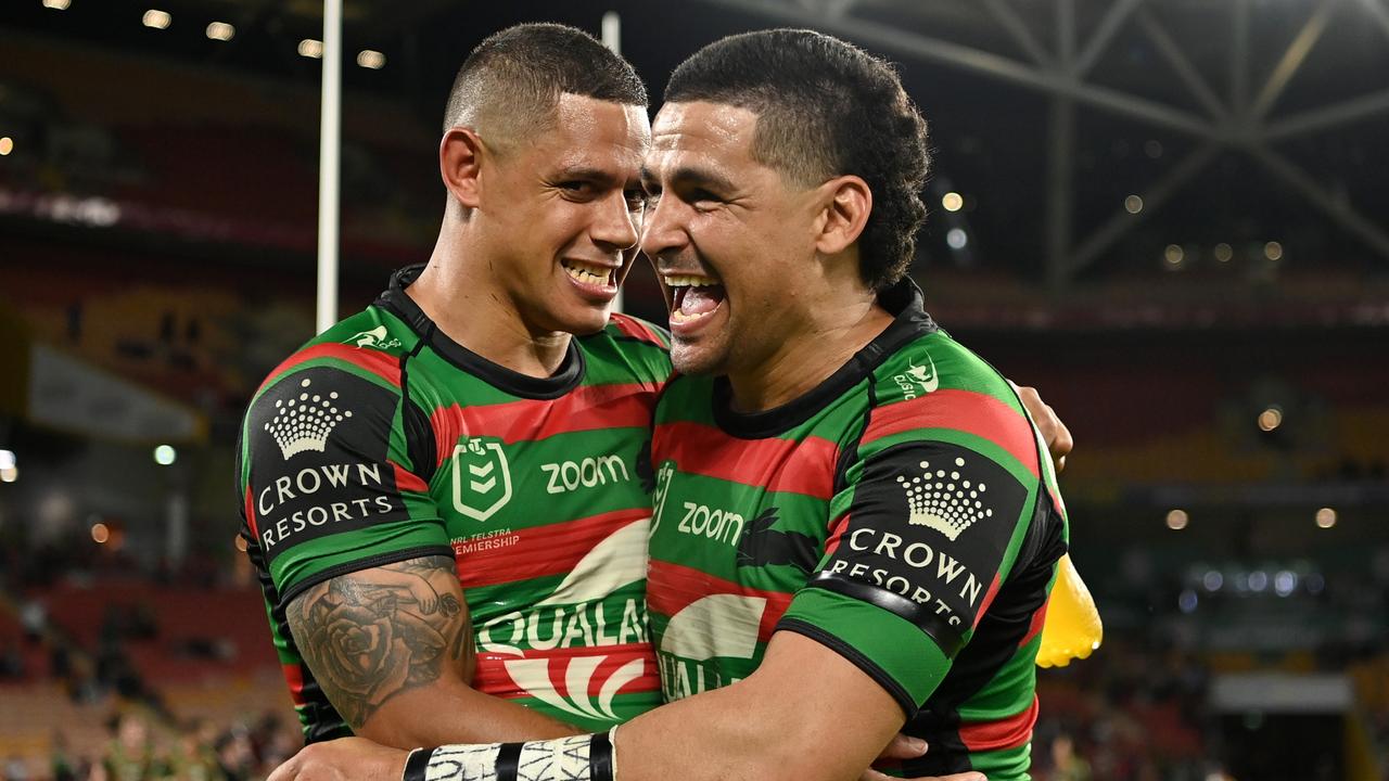 Dane Gagai and Cody Walker after their preliminary final win. Walker says Bennett installs great belief into the players.