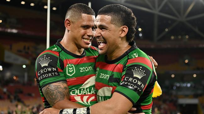 Dane Gagai and Cody Walker after their preliminary final win. Walker says Bennett installs great belief into the players.